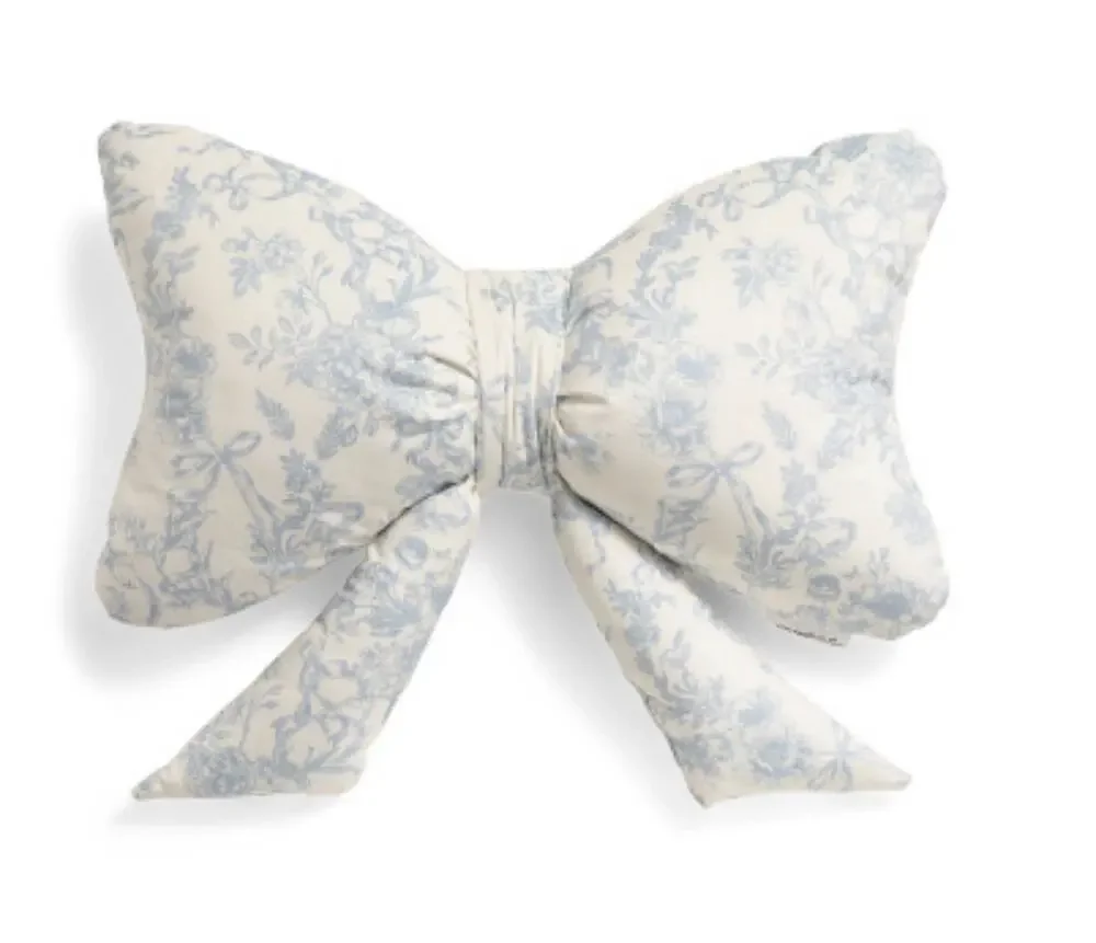 Envogue Blue Floral Toile Pattern Decor Bow Pillow Viral Coquette Cottagecore